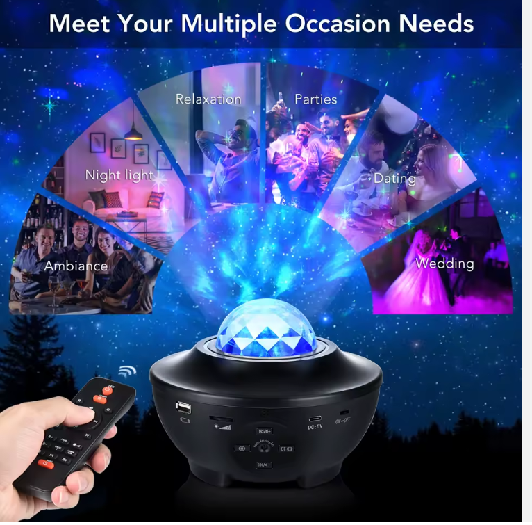 Transformez votre salon en ciel étoilé avec le Projecteur LED Galaxy – Bluetooth intégré pour une ambiance sonore parfaite.